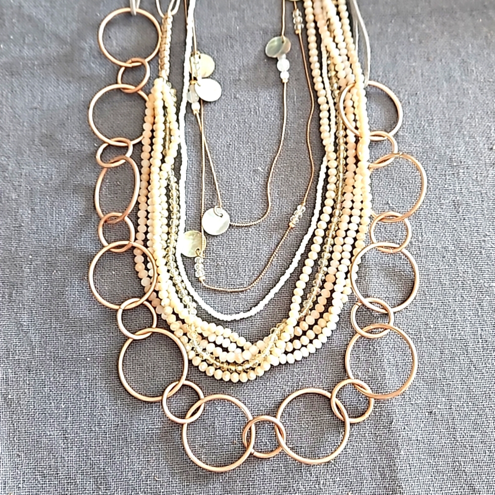 Lot of 3 long necklaces layering versatile cream, copper, gray, peach pretty!
